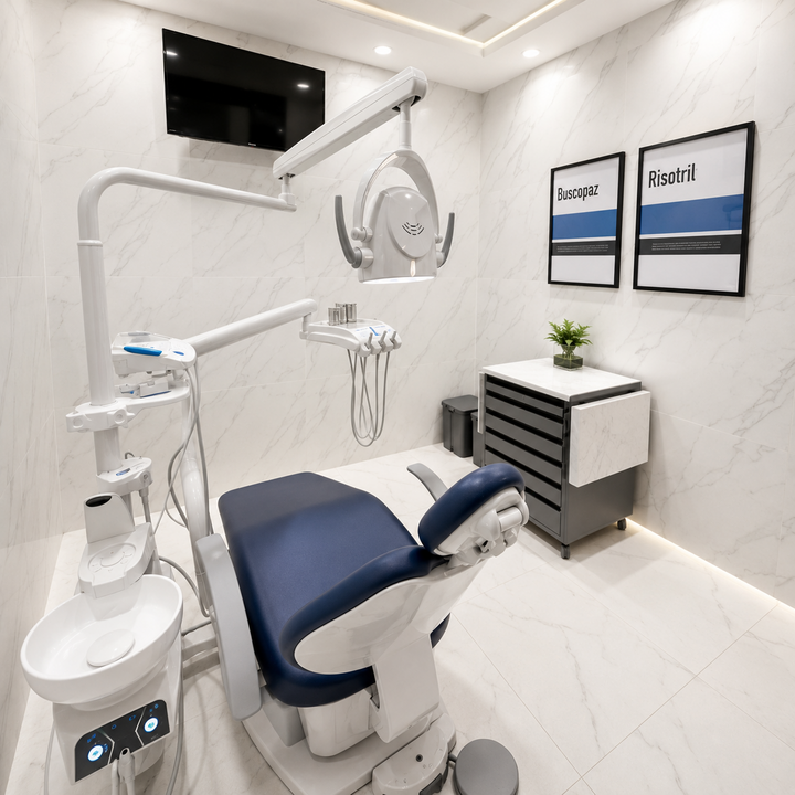 Consultório equipado para procedimentos de implante, com cadeira odontológica
